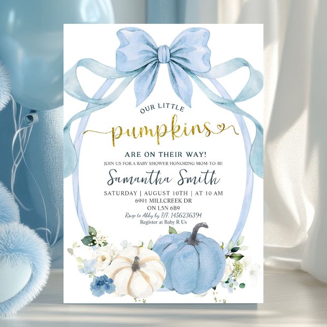 Dusty Blue Coquette Pumpkin Twins Baby Shower Invitation (Creator Uploaded)