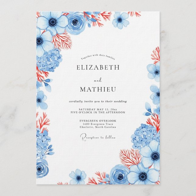 Dusty Blue Coral Bloom Wedding Invitation (Front)