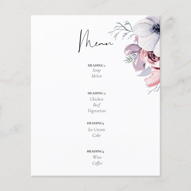 Dusty Blue Coral Floral Script Wedding Menu Budget (Front)