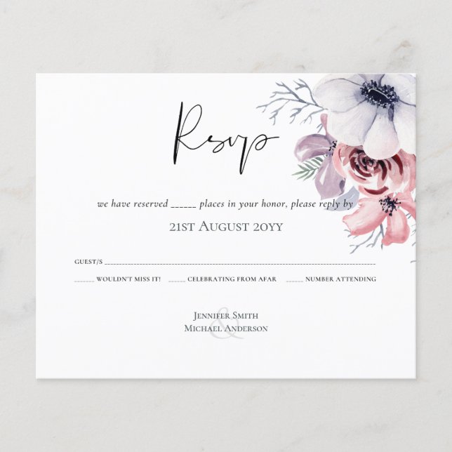 Dusty Blue Coral Floral Script Wedding RSVP Budget (Front)