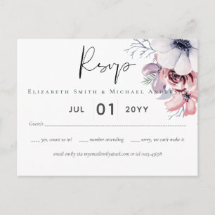 Dusty Blue Coral Floral Script Wedding RSVP Budget Postcard