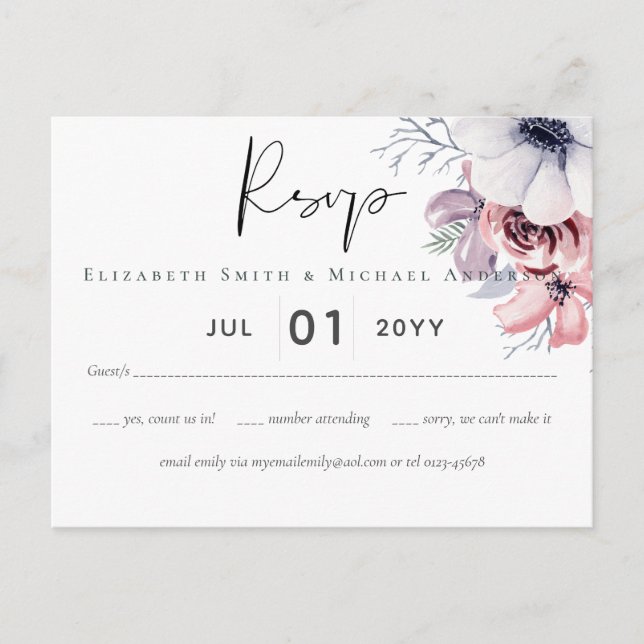 Dusty Blue Coral Floral Script Wedding RSVP Budget Postcard (Front)