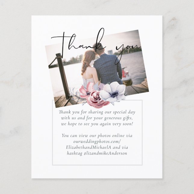 Dusty Blue Coral Floral Script Wedding Thank You (Front)