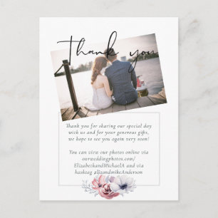 Dusty Blue Coral Floral Script Wedding Thank You Postcard