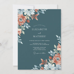 Dusty Blue Coral Floral Wedding Invitation