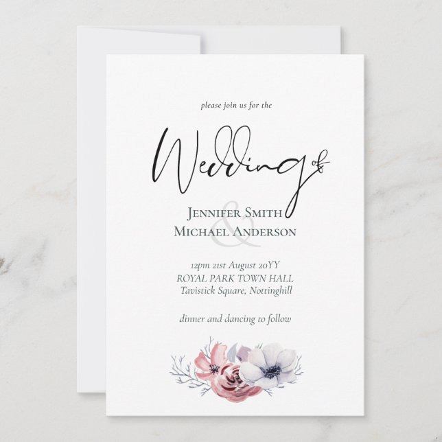 Dusty Blue Coral Floral Wedding Invites Budget (Front)