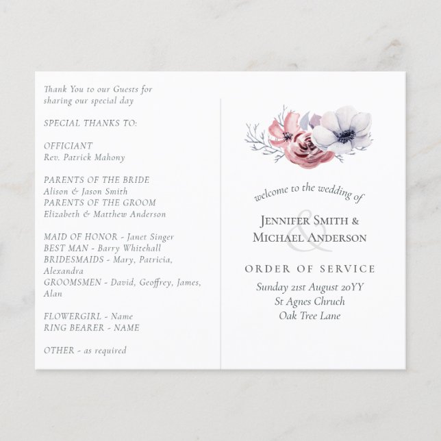 Dusty Blue Coral Floral Wedding Program Budget (Front)