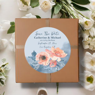 Dusty Blue & Coral Pink Watercolor Floral Wedding Classic Round Sticker