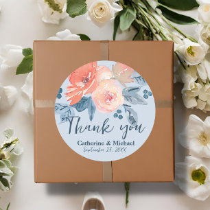Dusty Blue & Coral Pink Watercolor Floral Wedding Classic Round Sticker