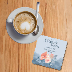 Dusty Blue & Coral Pink Watercolor Floral Wedding Paper Coaster