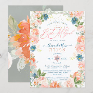 Dusty Blue+Coral Watercolor Flowers Bat Mitzvah Invitation