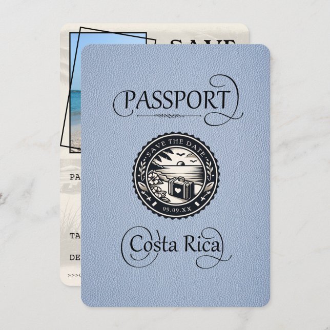 Dusty Blue Costa Rica Passport Save The Date (Front/Back)