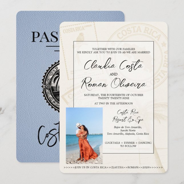 Dusty Blue Costa Rica Passport Wedding Invitation (Front/Back)