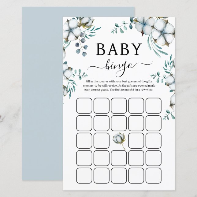 Dusty Blue cotton flowers Baby Shower Bingo Game (Front/Back)