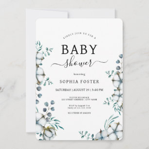 Dusty Blue cotton flowers botanical Baby Shower Invitation