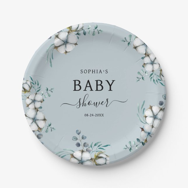 Dusty blue cotton flowers botanical Baby Shower Paper Plate (Front)