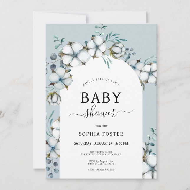 Dusty Blue, cotton flowers, white arch Baby Shower Invitation (Front)