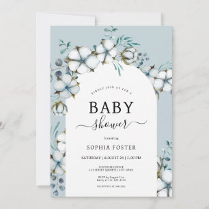 Dusty Blue, cotton flowers, white arch Baby Shower Invitation