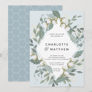Dusty Blue Cotton Garden Diamond Botanical Wedding Invitation