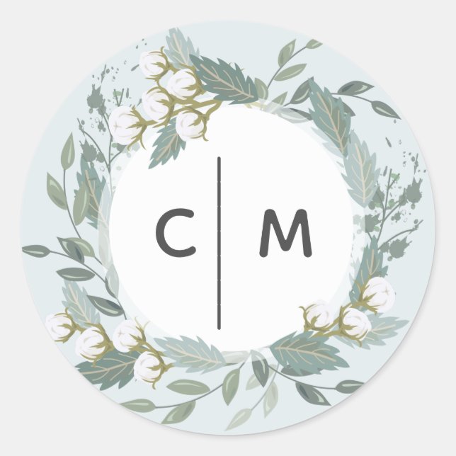 Dusty Blue Cotton Garden Wreath Monogram Wedding Classic Round Sticker (Front)