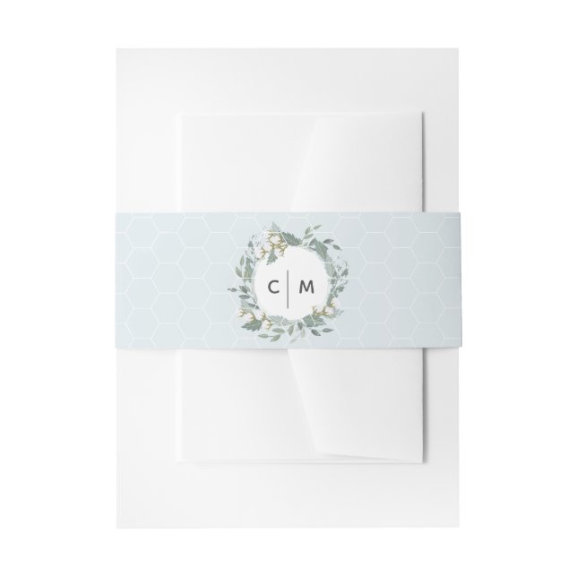 Dusty Blue Cotton Wreath Monogram Belly Band Invitation Belly Band (Front Example)