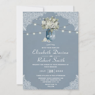 Dusty Blue Country Combined White Lace Wedding Invitation