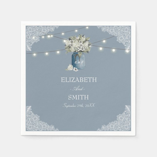 Dusty Blue Country Combined White Lace Wedding Napkin (Front)