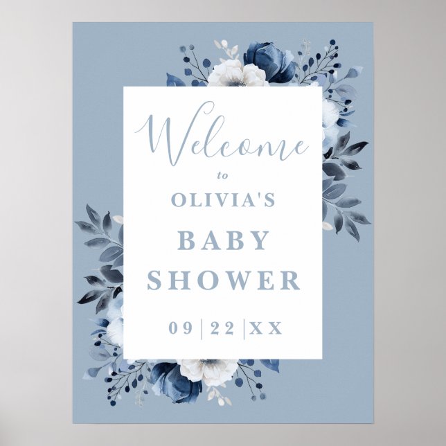 Dusty Blue Country Floral Baby Shower Welcome Sign (Front)