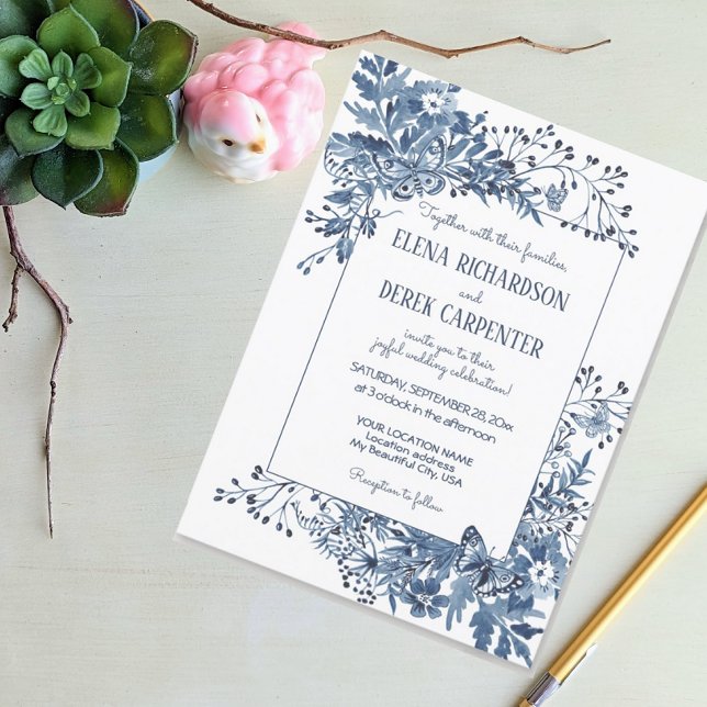 Dusty Blue Country Flowers Watercolor Art Wedding Invitation (Creator Uploaded)