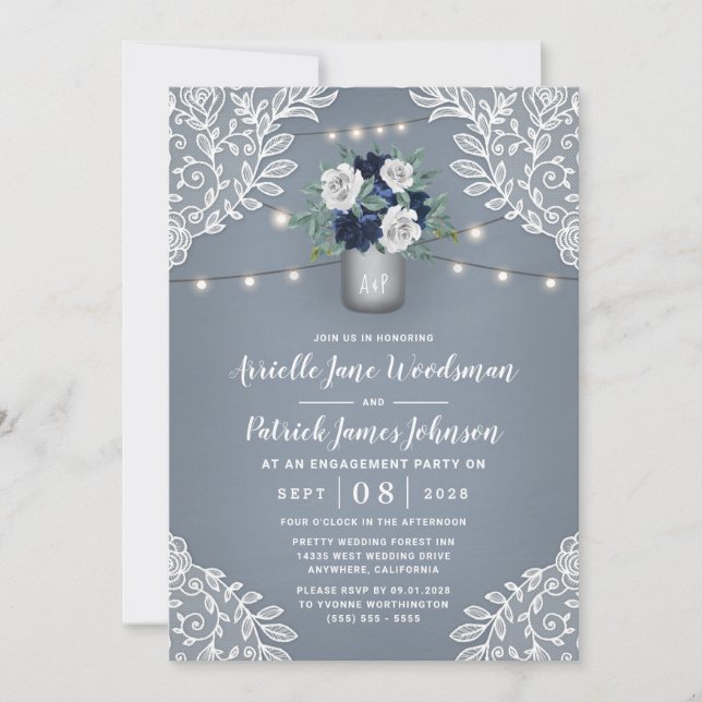 Dusty Blue Country Lace Mason Jar Engagement Party Invitation (Front)