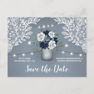 Dusty Blue Country Lace Mason Jar Save the Date Announcement Postcard