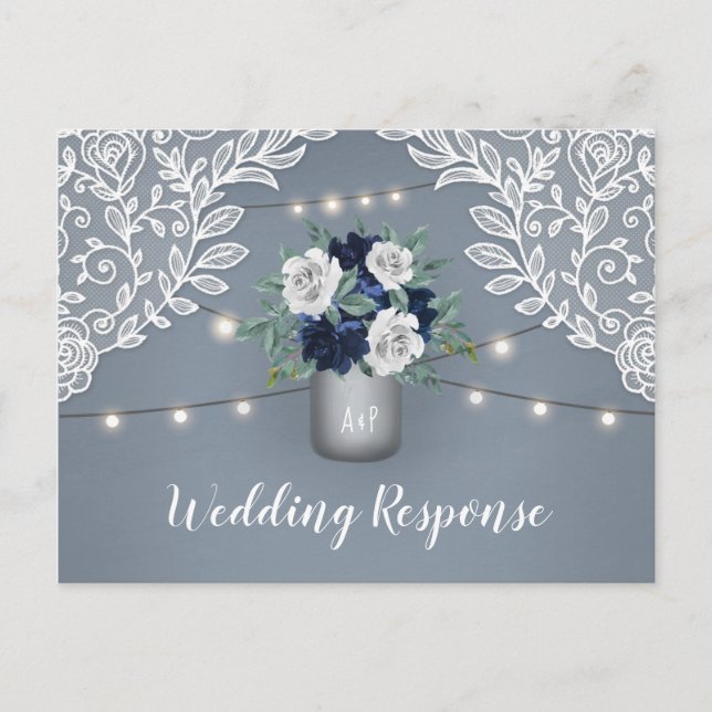Dusty Blue Country Lace Mason Jar Wedding RSVP Invitation Postcard (Front)