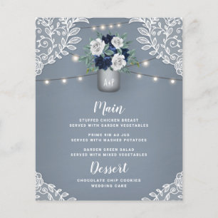 Dusty Blue Country White Lace Mason Jar Menu Cards