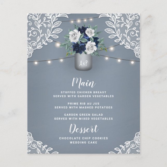 Dusty Blue Country White Lace Mason Jar Menu Cards (Front)