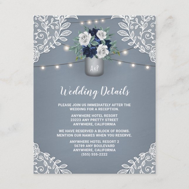 Dusty Blue Country White Lace Mason Jar Wedding Enclosure Card (Front)