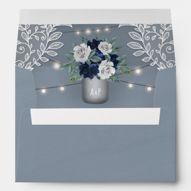 Dusty Blue Country White Lace Mason Jar Wedding Envelope (Back (Bottom))