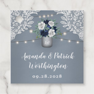 Dusty Blue Country White Lace Mason Jar Wedding Favour Tags