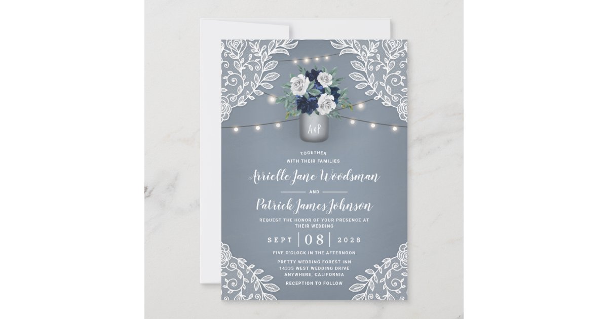 Dusty Blue Country White Lace Mason Jar Wedding Invitation