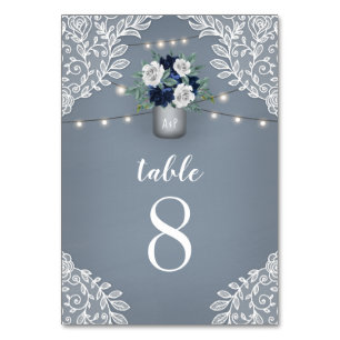 Dusty Blue Country White Lace Mason Jar Wedding Table Number