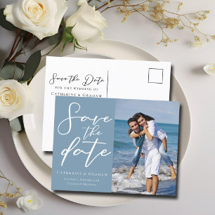 Dusty Blue Couple Photo Coastal Save the Date Announcement Postcard