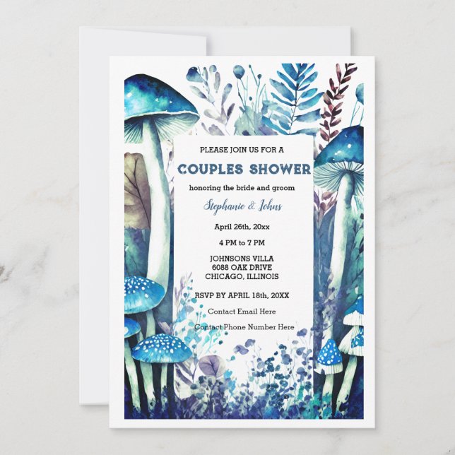 Dusty Blue Couple Shower Mushroom Woodland Wedding Invitation (Front)