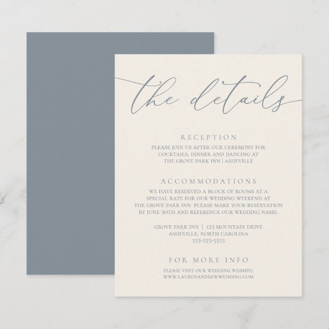 Dusty Blue & Cream Beige Modern Minimalist Wedding Enclosure Card (Front/Back)