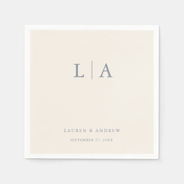 Dusty Blue & Cream Beige Monogram Elegant Wedding Napkin (Front)