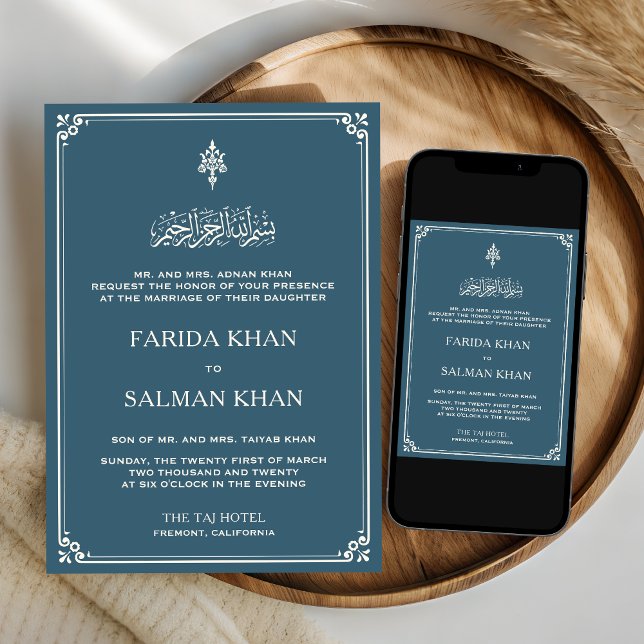 Dusty Blue Cream Border Islamic Wedding Invitation (Creator Uploaded)