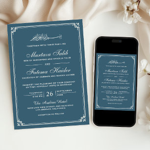 Dusty Blue Cream Border Muslim Wedding Invitation