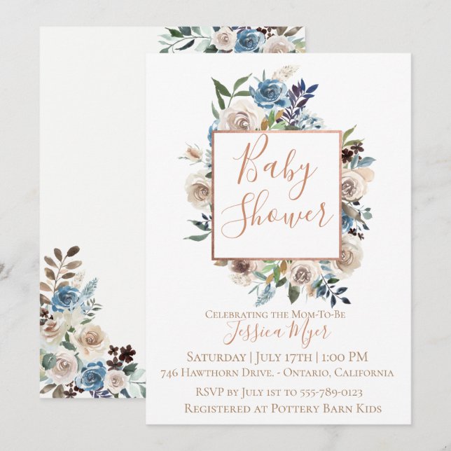 Dusty Blue Cream Floral Baby Shower Invitation (Front/Back)