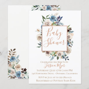 Dusty Blue Cream Floral Baby Shower Invitation