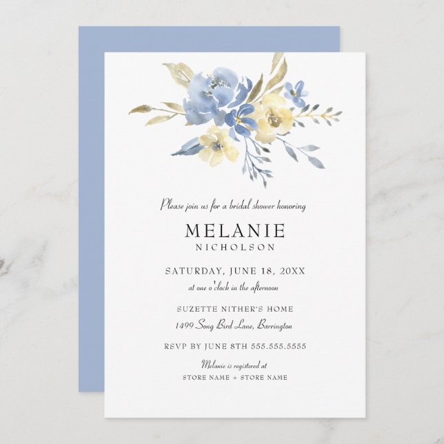 Dusty Blue Cream Floral Bridal Shower Invitation (Front/Back)
