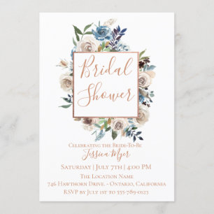 Dusty Blue Cream Floral Bridal Shower Invitation