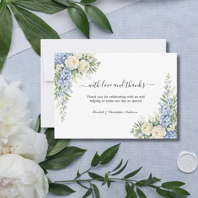 Dusty Blue Cream Floral Greenery Wedding Thank You Card (Dusty Blue, cream and white watercolor florals wedding thank you cards. Personalized)